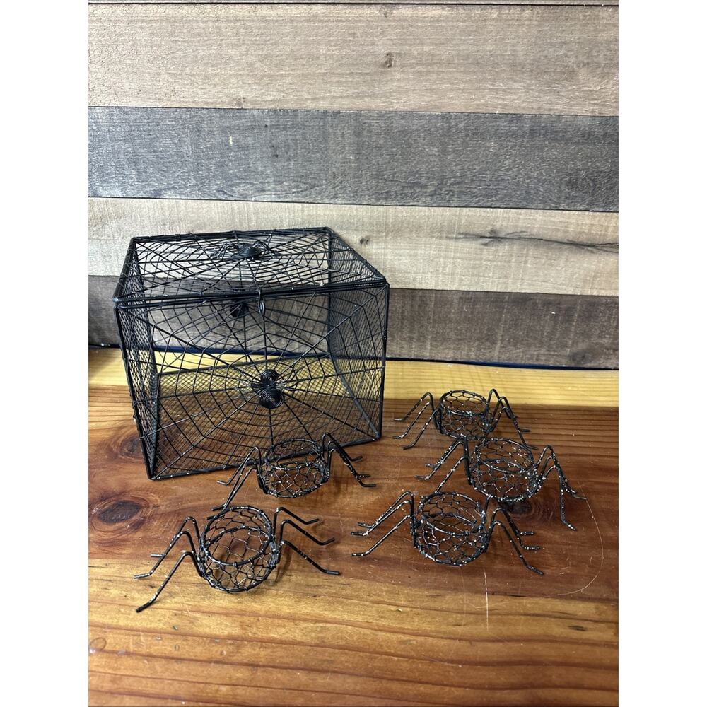 Metal Spider Candy Box And 5 Spider Tealight Holders Rare